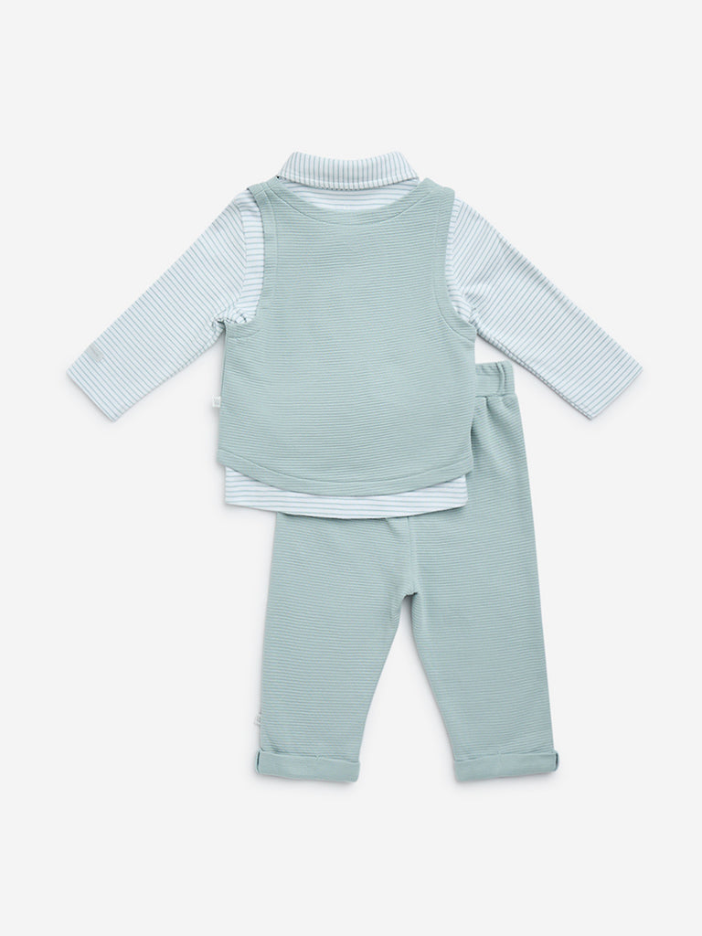 HOP Baby Light Teal Cotton Shirt, Waistcoat and Pants Set
