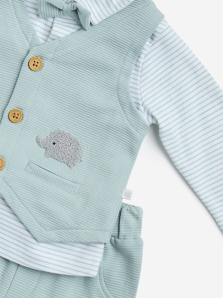 HOP Baby Light Teal Cotton Shirt, Waistcoat and Pants Set