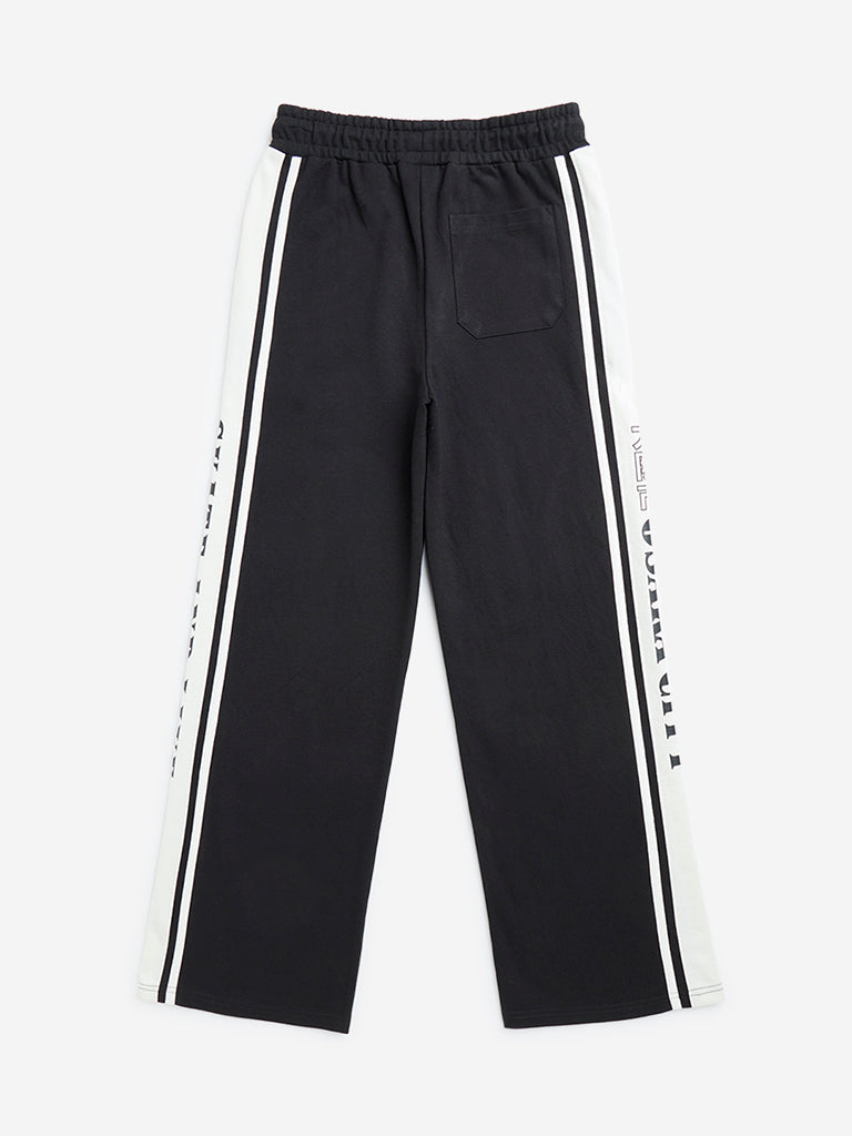 Y&F Kids Black Text Design Mid-Rise Cotton-Blend Track Pants