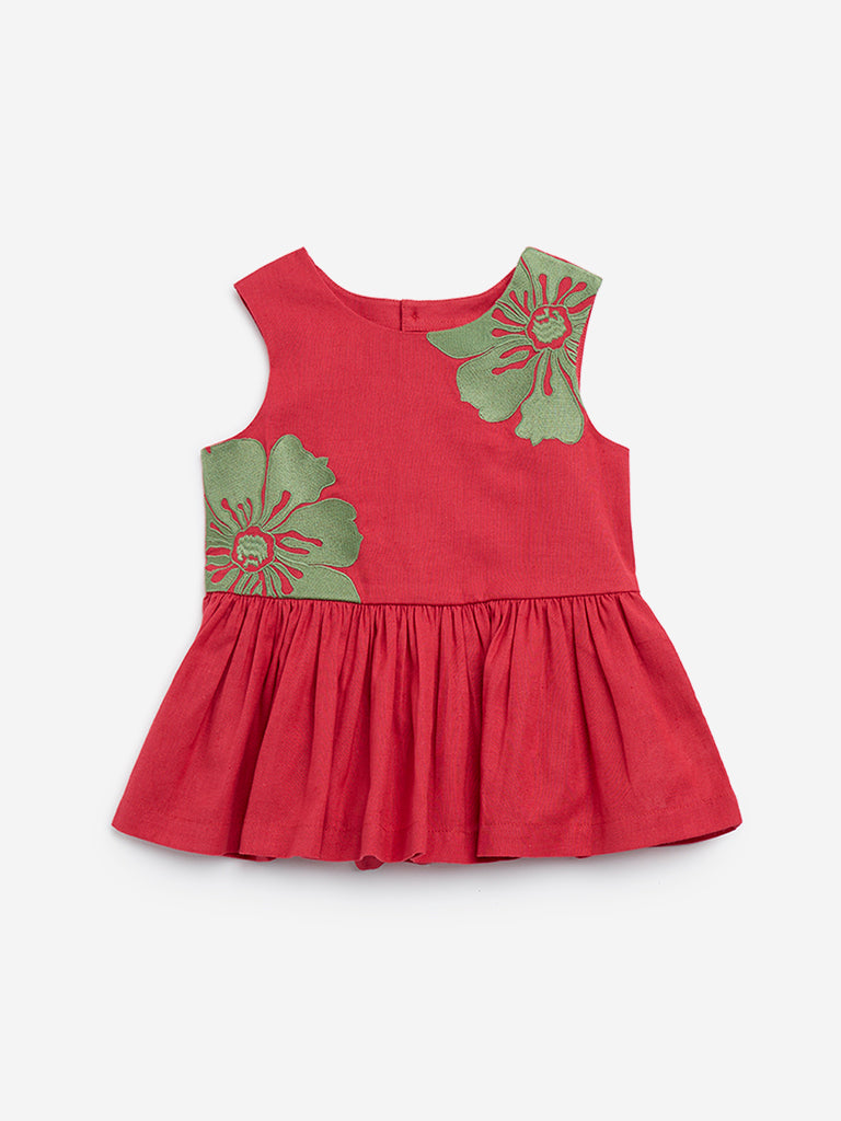 Utsa Kids Red Floral Printed Cotton-Blend Top - (2 - 8 yrs)