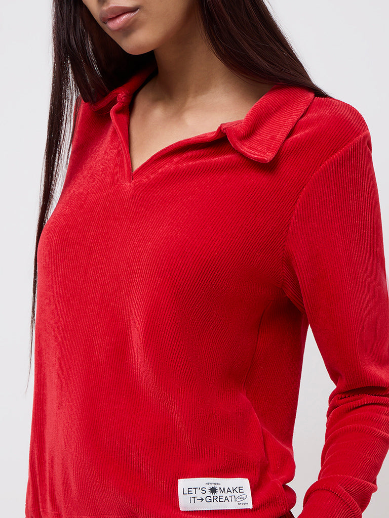 Studiofit Red Ribbed Textured Cotton-Blend T-Shirt