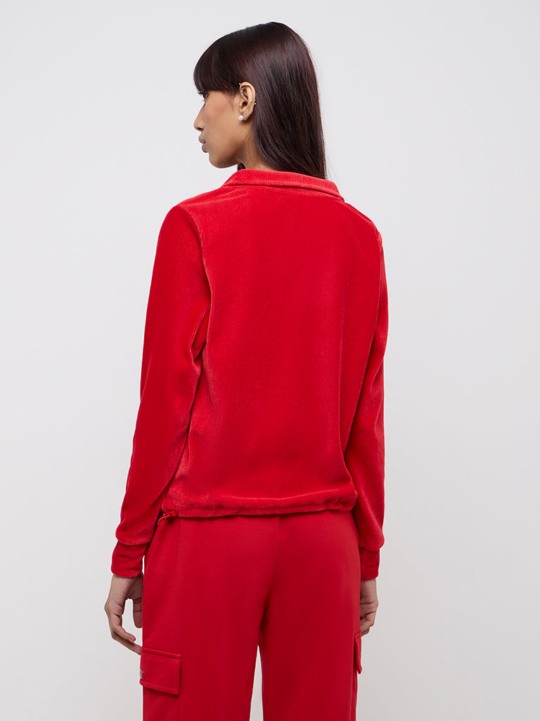 Studiofit Red Ribbed Textured Cotton-Blend T-Shirt