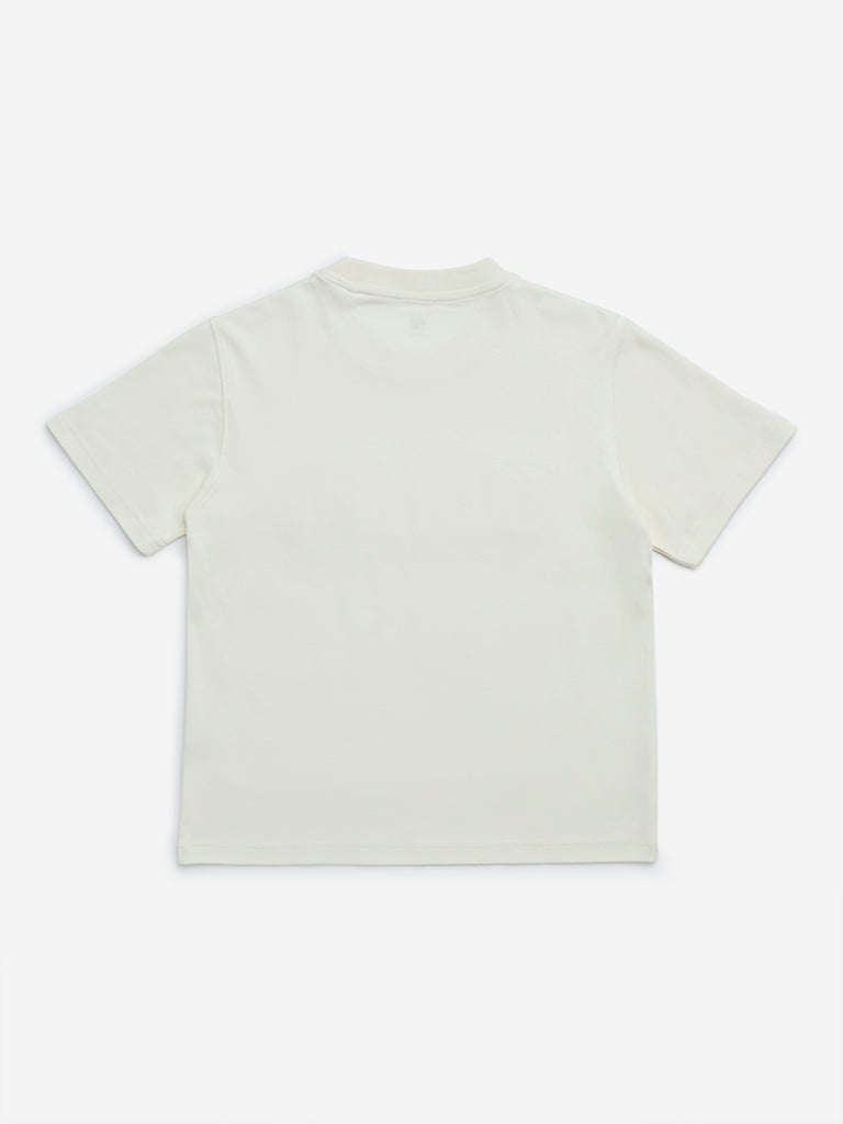 Y&F Kids Off-White Text Embossed Cotton T-Shirt