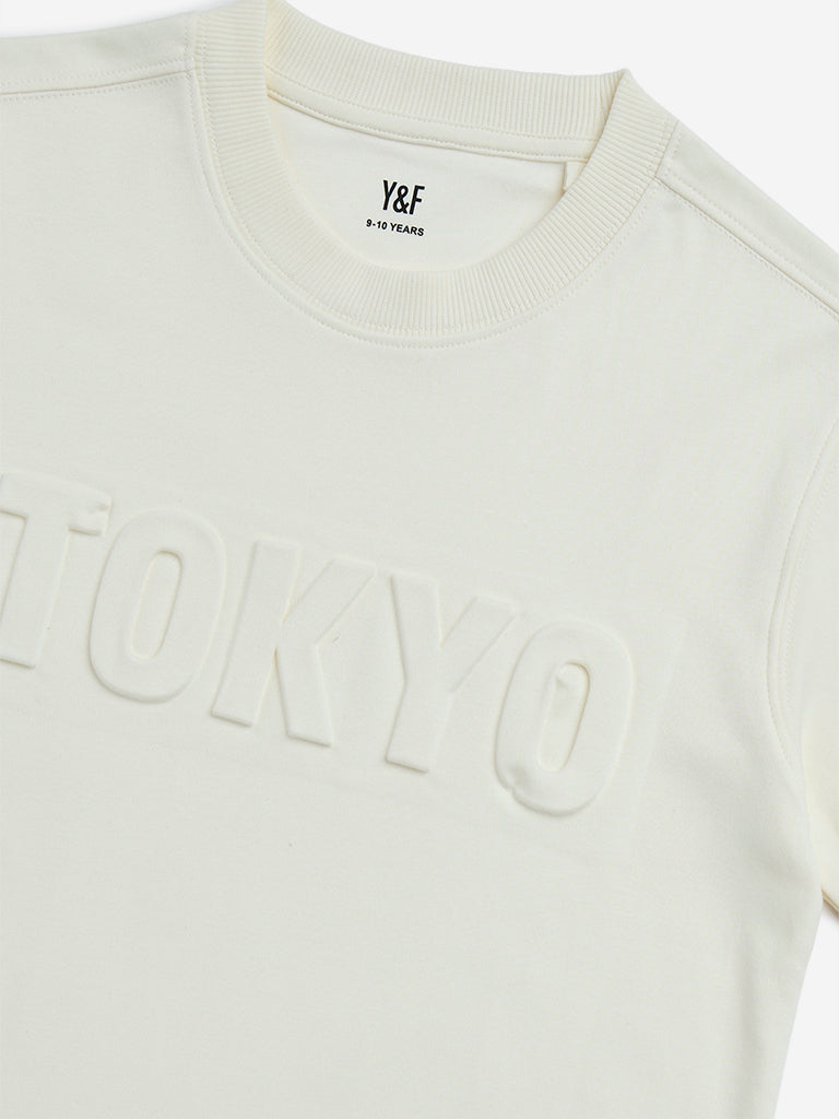 Y&F Kids Off-White Text Embossed Cotton T-Shirt