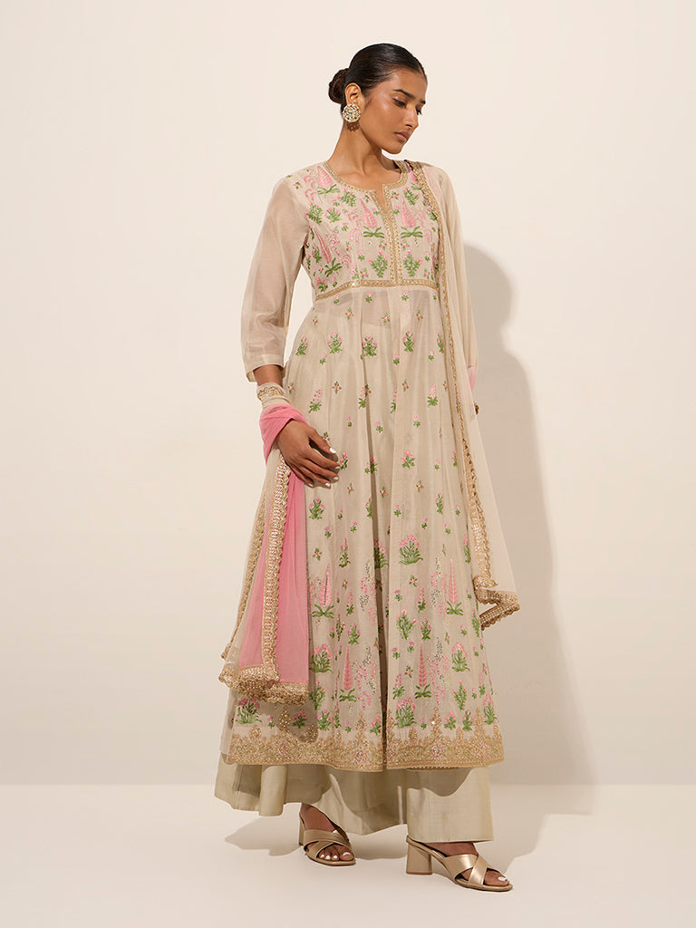 Vark Beige Fit-and-Flare Kurta, Skirt and Dupatta Set
