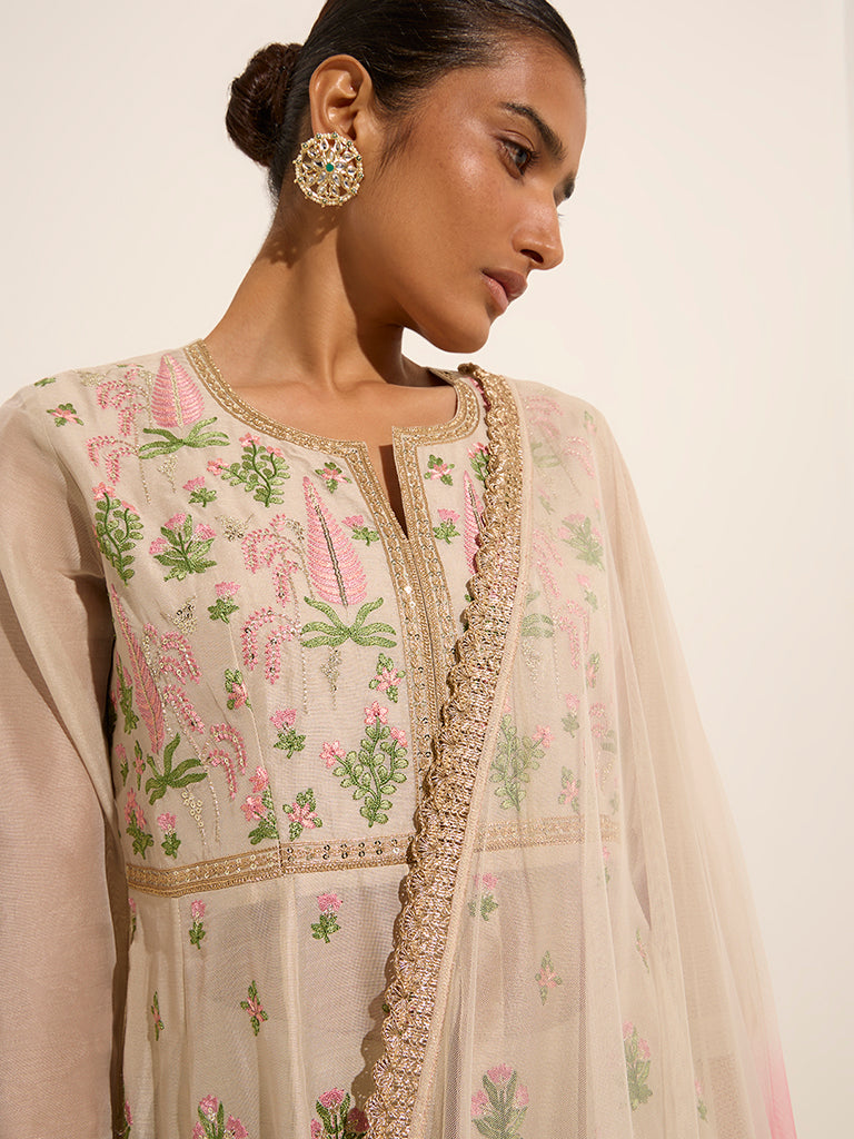 Vark Beige Fit-and-Flare Kurta, Skirt and Dupatta Set