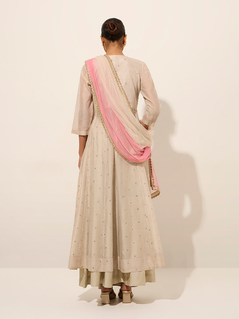 Vark Beige Fit-and-Flare Kurta, Skirt and Dupatta Set