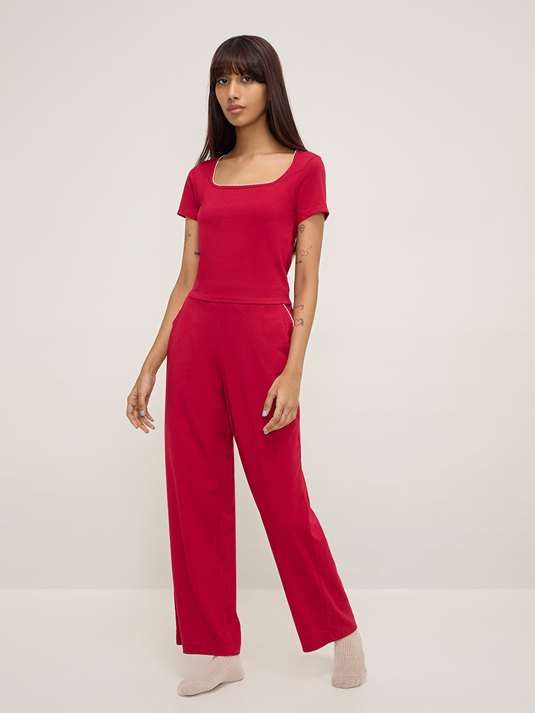 Superstar Red Scalloped-Detailed Cotton-Blend Top