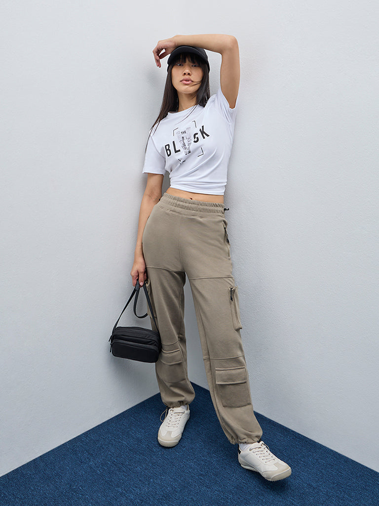 Studiofit White Text Printed Cotton T-Shirt