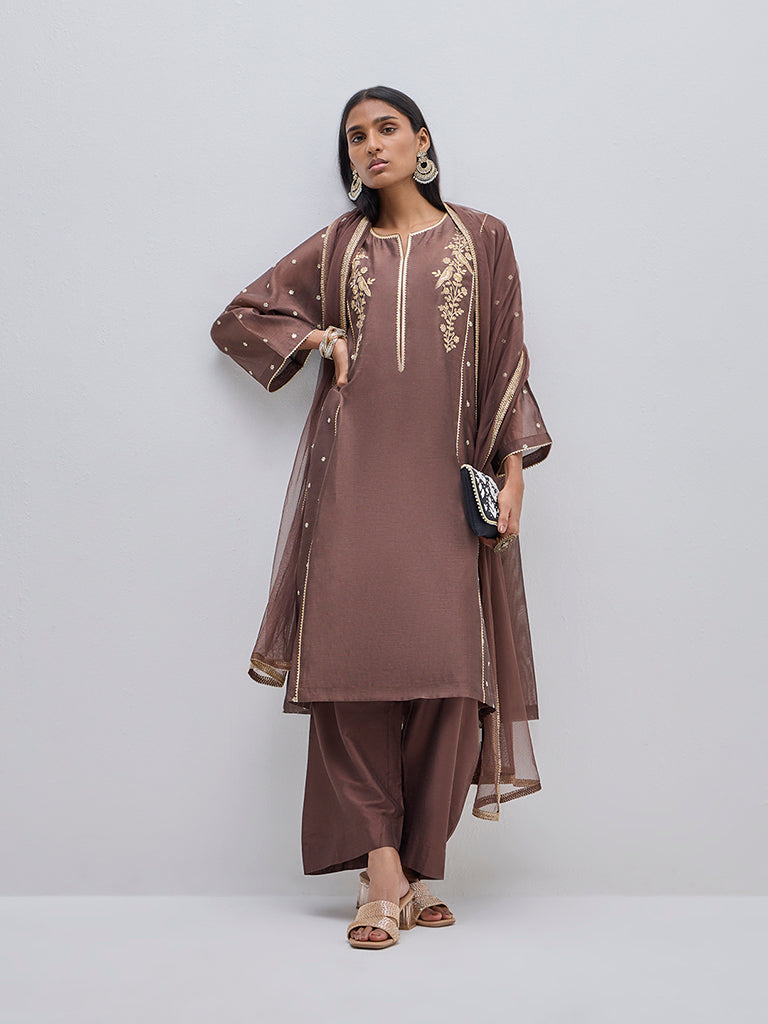 Vark Brown A-Line Kurta, Inner, Pants and Dupatta Set