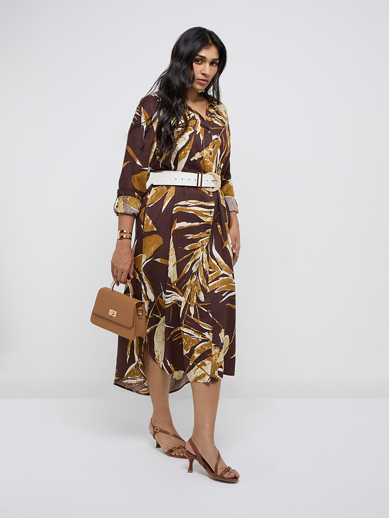 Gia Dark Brown Botanical Printed Shirt Dress