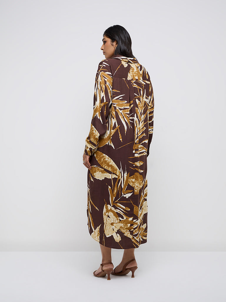 Gia Dark Brown Botanical Printed Shirt Dress