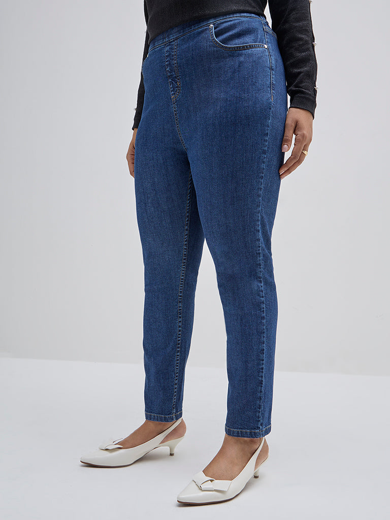 Gia Dark Blue Solid High-Rise Cotton-Blend Jeggings