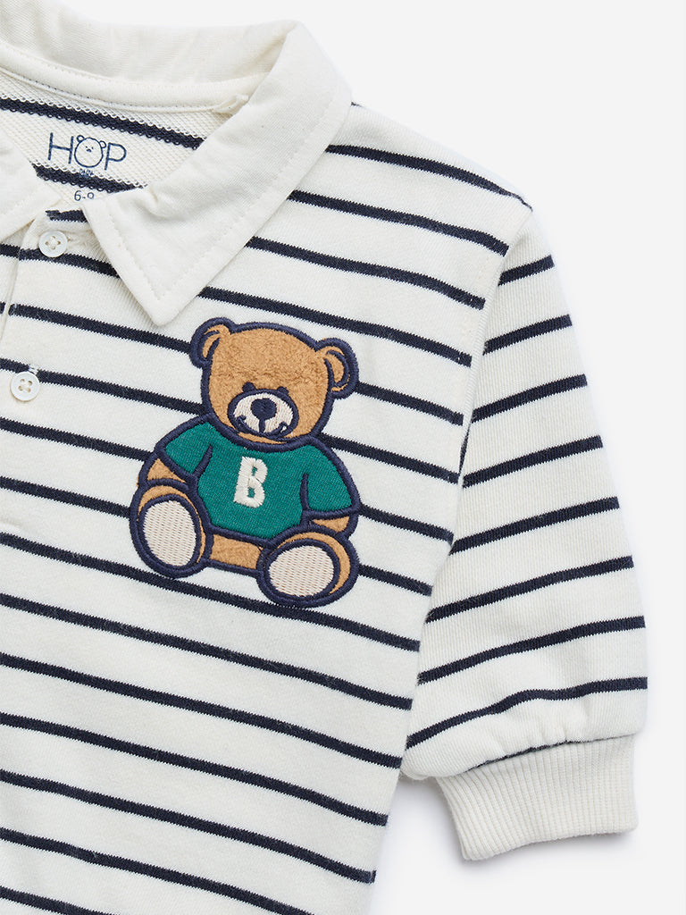 HOP Baby White Striped Cotton-Blend Polo Sweatshirt