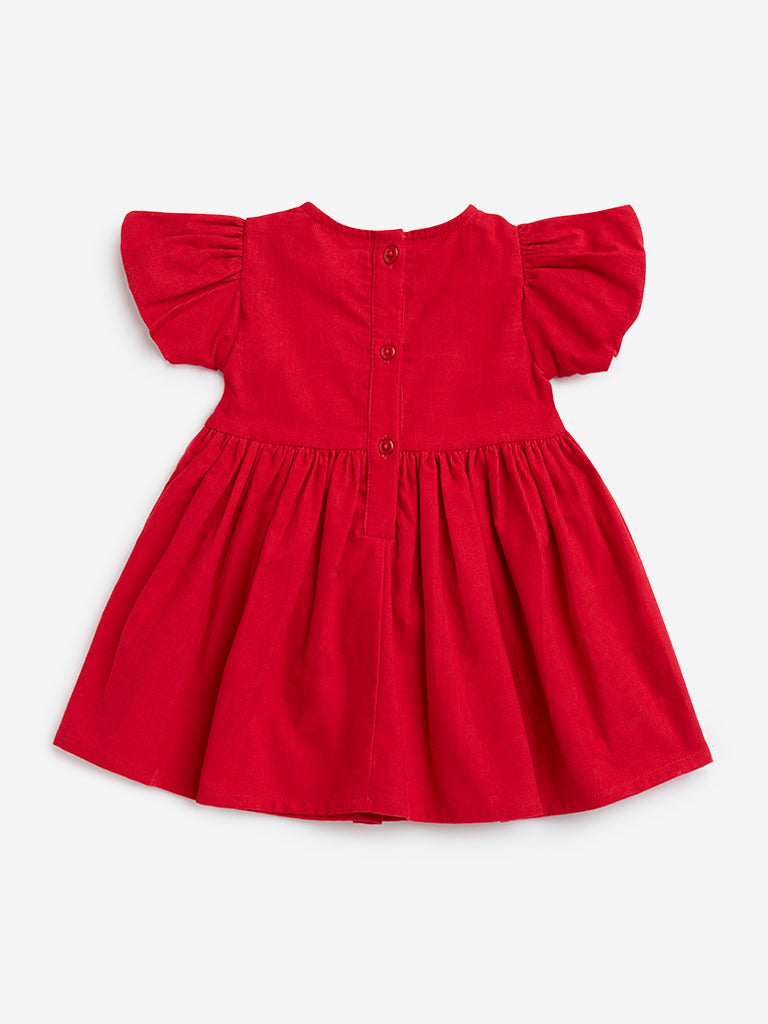 HOP Baby Red Bow-Detailed Fit-and-Flare Cotton Dress