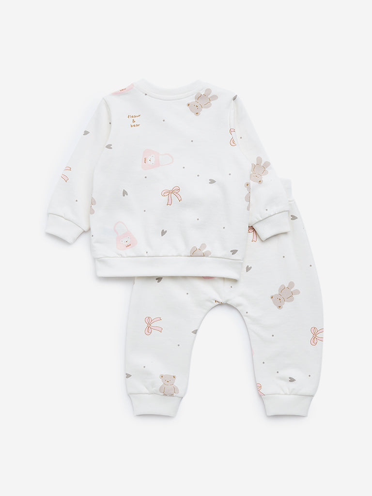 HOP Baby Off-White Printed Cotton Sweatshirt Joggers Set