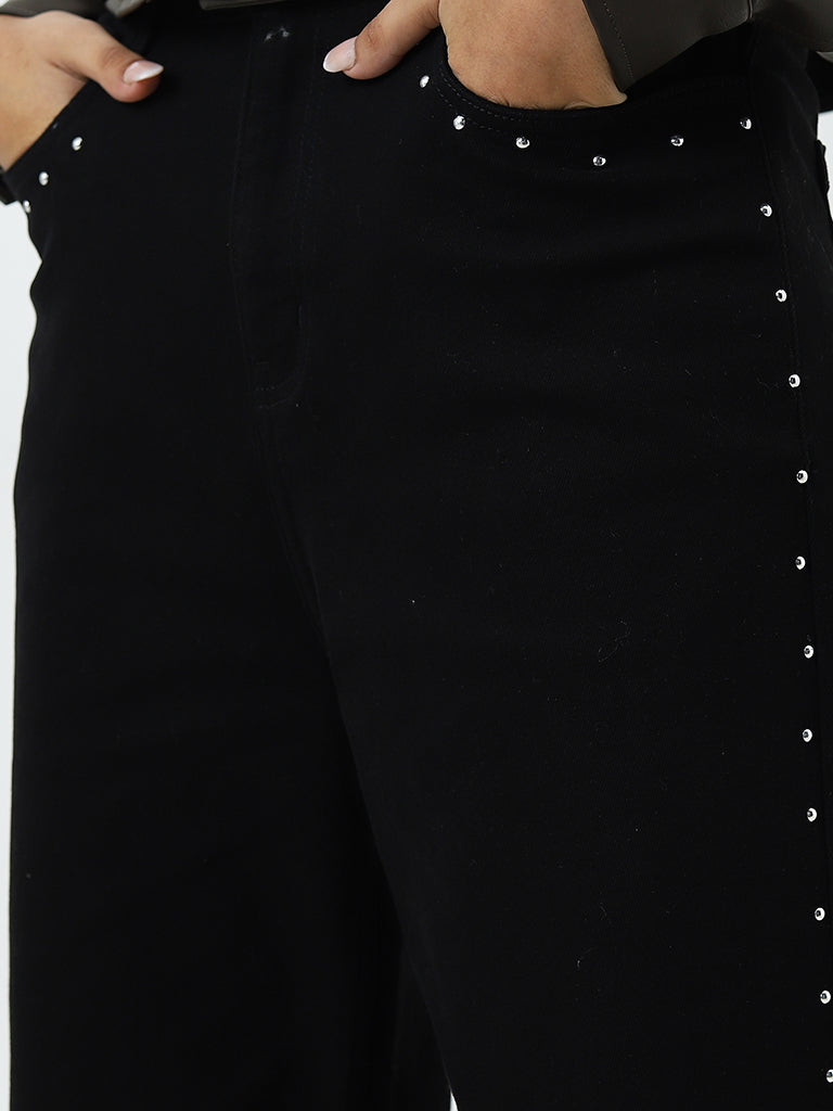 LOV Black Embellished Wide-Leg High-Rise Jeans