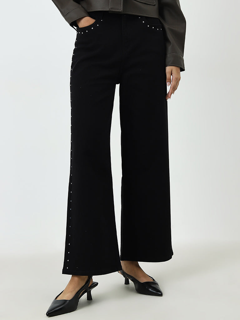 LOV Black Embellished Wide-Leg High-Rise Jeans