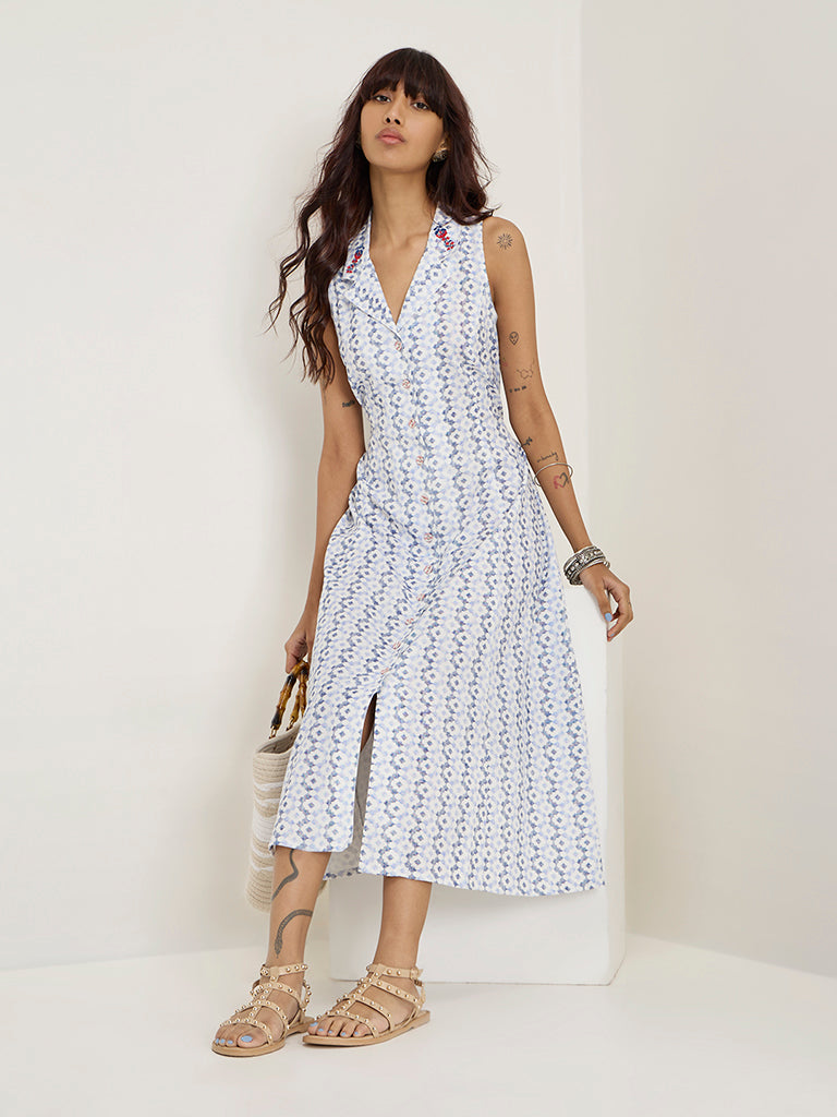 Bombay Paisley Blue Printed Cotton-Blend A-Line Dress