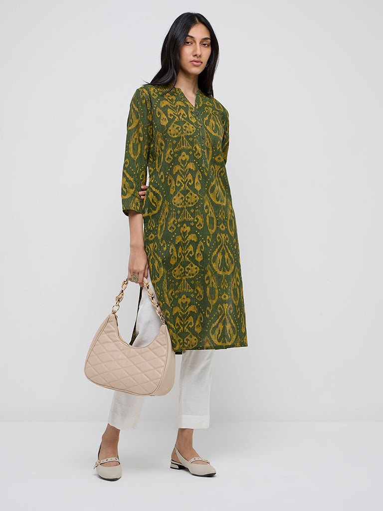 Utsa Green Ikat-Printed Cotton-Blend Straight Kurta