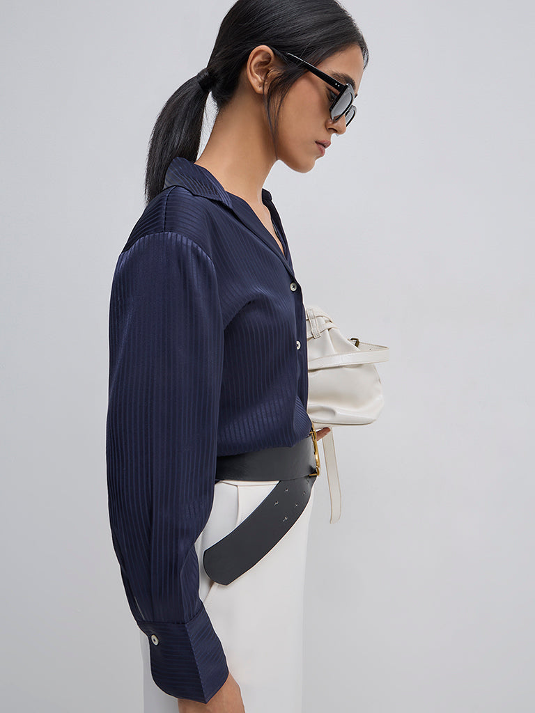 Wardrobe Navy Self-Striped Shirt