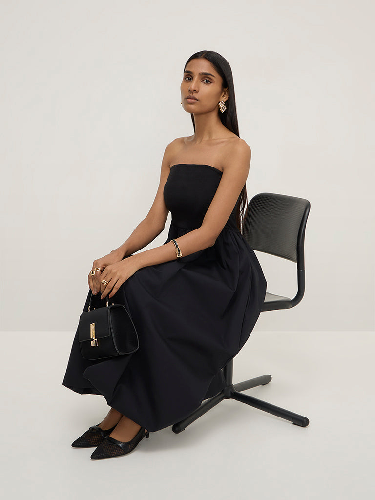Wardrobe Black Off-Shoulder A-Line Cotton Dress