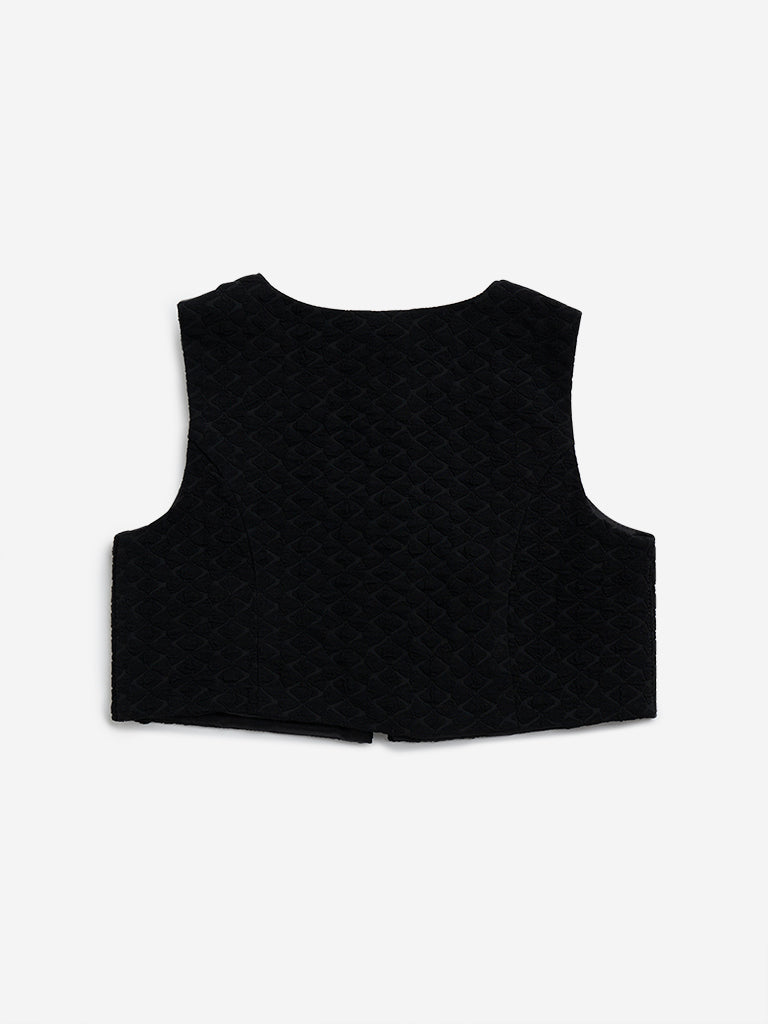 HOP Kids Black Self-Textured Waistcoat-Style Top