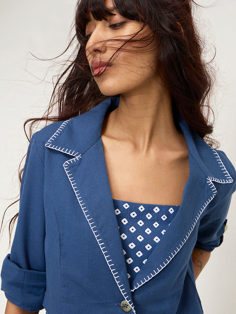 Bombay Paisley Blue Bandhani Cotton-Blend Tiered Dress with Jacket