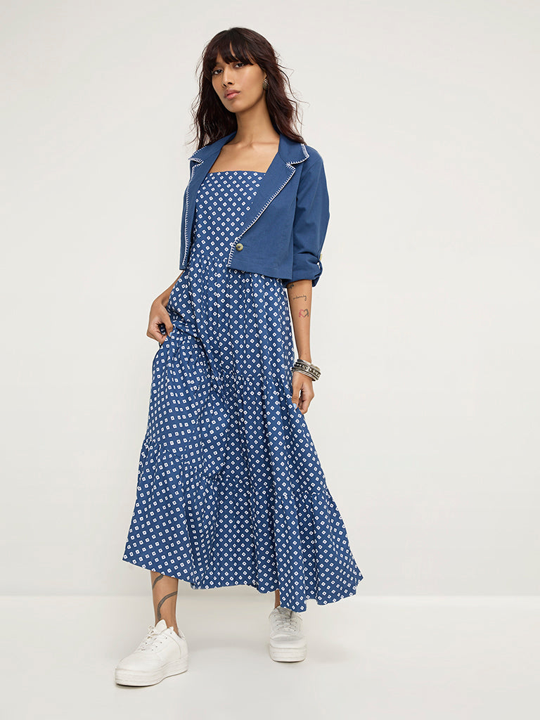 Bombay Paisley Blue Bandhani Cotton-Blend Tiered Dress with Jacket