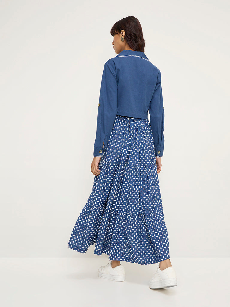 Bombay Paisley Blue Bandhani Cotton-Blend Tiered Dress with Jacket