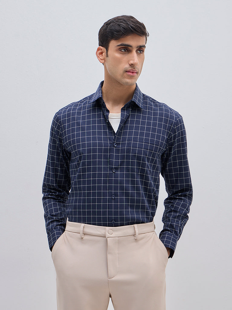 WES Formals Navy Checkered Relaxed-Fit Cotton Shirt