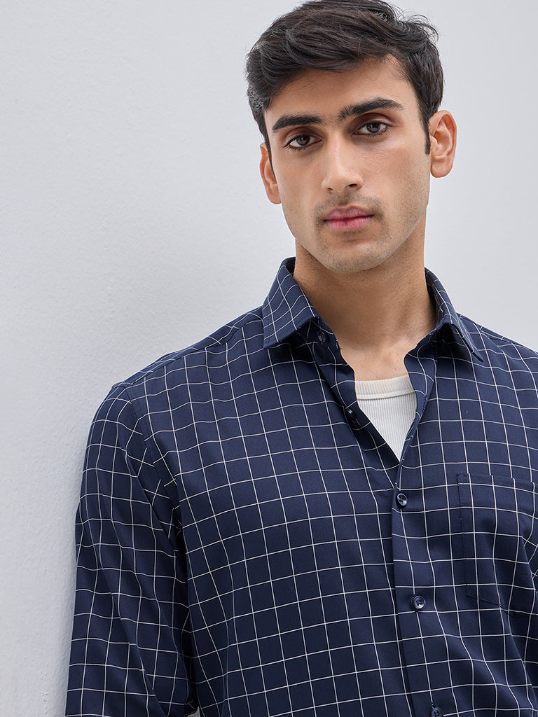 WES Formals Navy Checkered Relaxed-Fit Cotton Shirt
