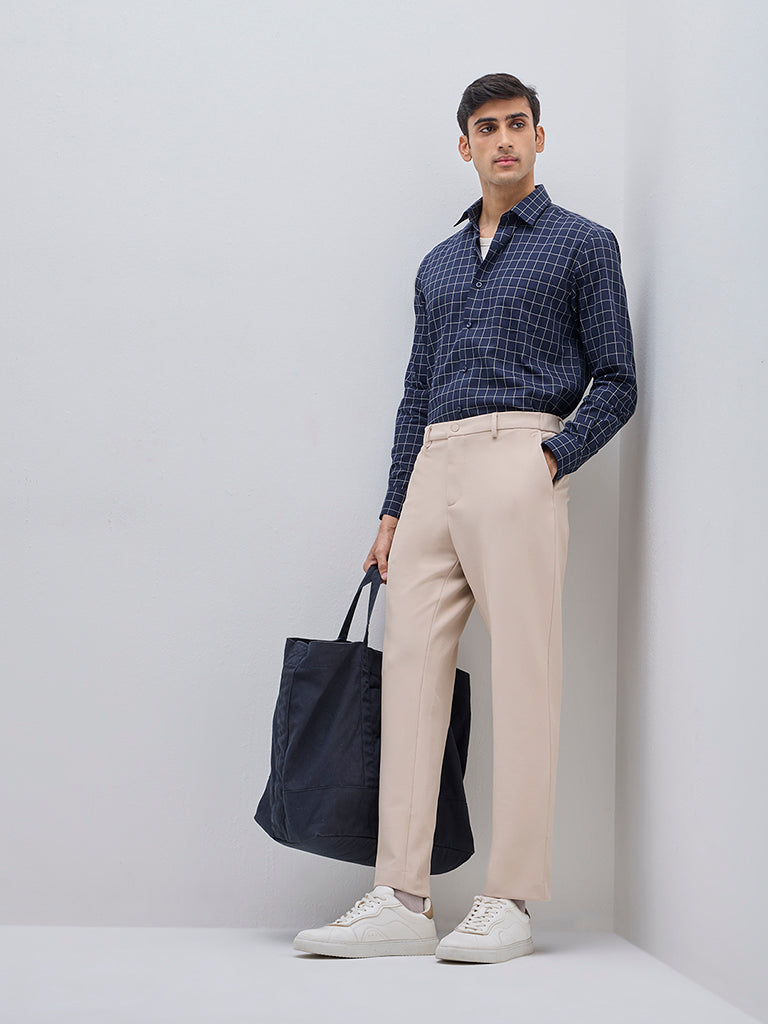 WES Formals Navy Checkered Relaxed-Fit Cotton Shirt
