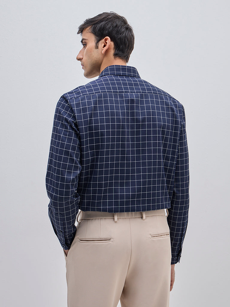 WES Formals Navy Checkered Relaxed-Fit Cotton Shirt