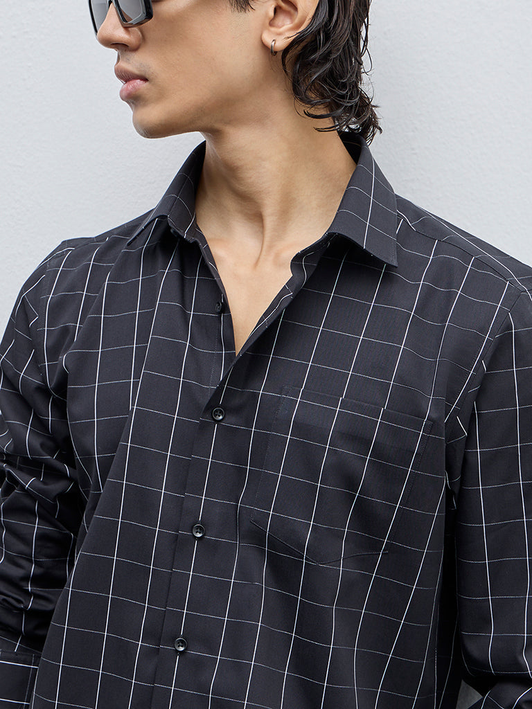 WES Formals Black Checkered Slim-Fit Cotton Shirt