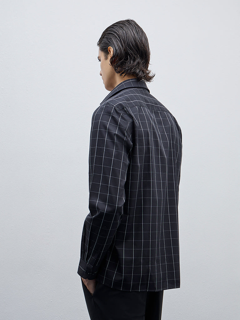 WES Formals Black Checkered Slim-Fit Cotton Shirt
