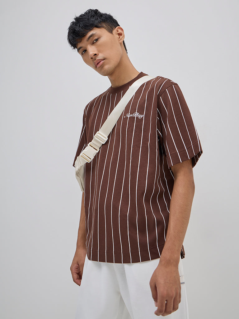 Westside Studiofit Men's Brown Striped Relaxed-Fit Cotton-Blend T-Shirt for Sports Wear Front View