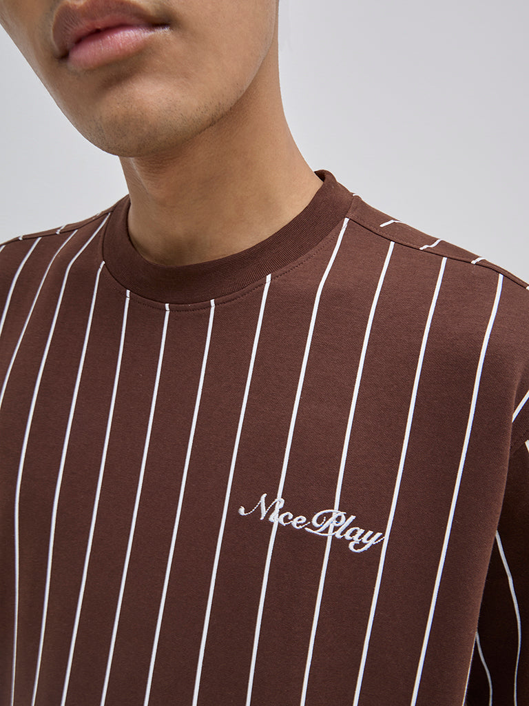 Westside Studiofit Men's Brown Striped Relaxed-Fit Cotton-Blend T-Shirt for Sports Wear Zoomed View
