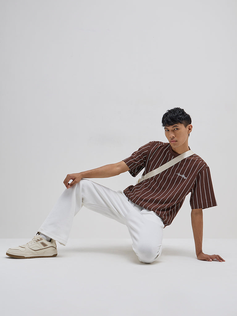 Westside Studiofit Men's Brown Striped Relaxed-Fit Cotton-Blend T-Shirt for Sports Wear Full View