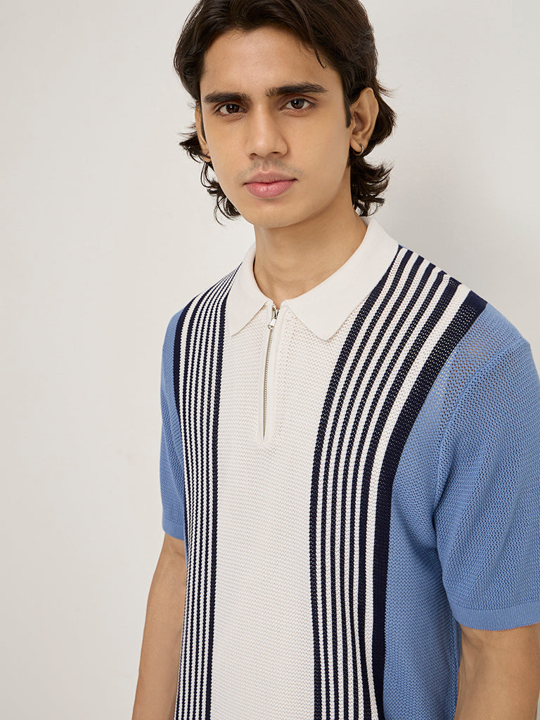 Ascot Dusty Blue Colour-Blocked Quarter Zip Polo T-Shirt