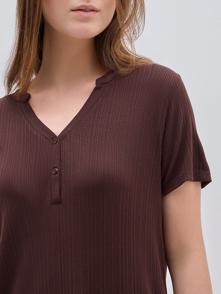 Wunderlove Dark Brown Ribbed Cotton-Blend Top