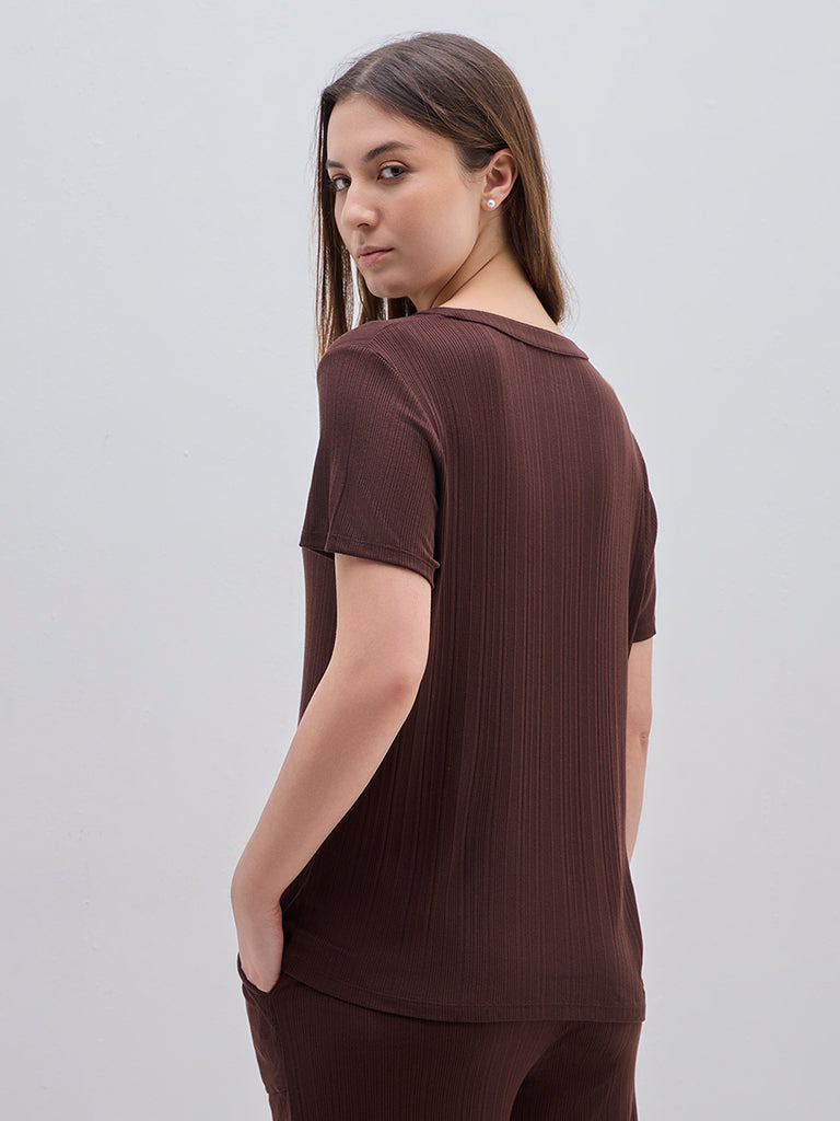Wunderlove Dark Brown Ribbed Cotton-Blend Top
