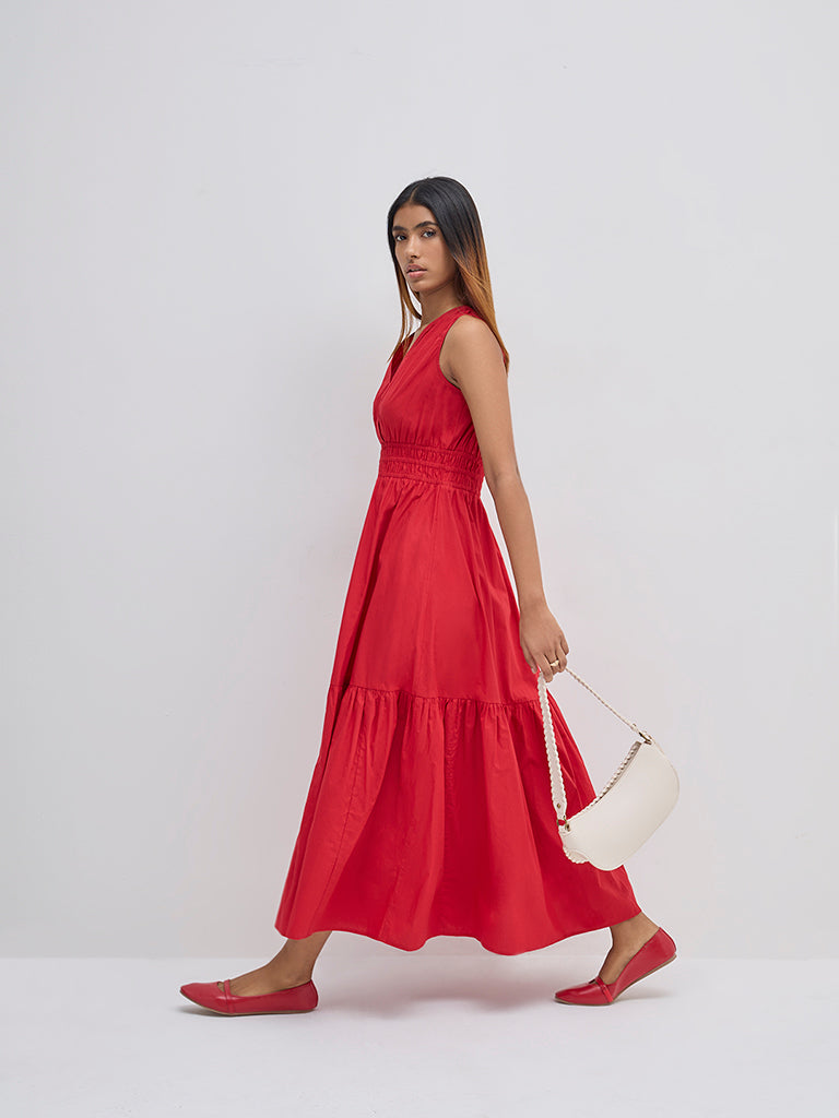 LOV Red Cotton Tiered Dress