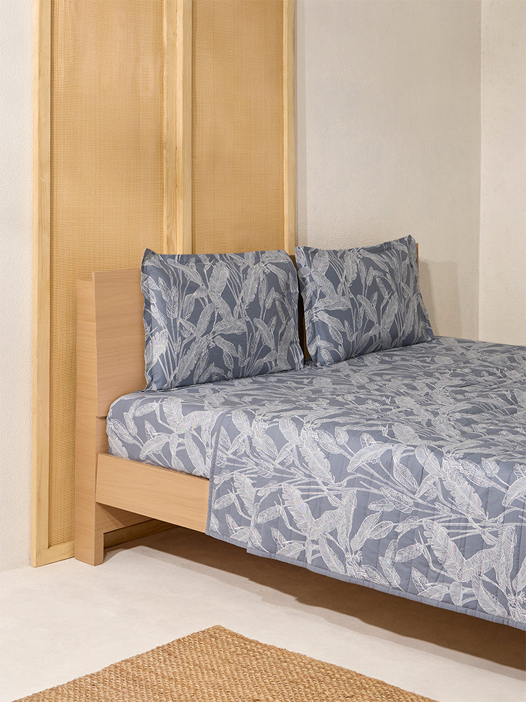 Westside Home Dusty Blue Foliage Print Reversible Quilted Queen Bed Comforter