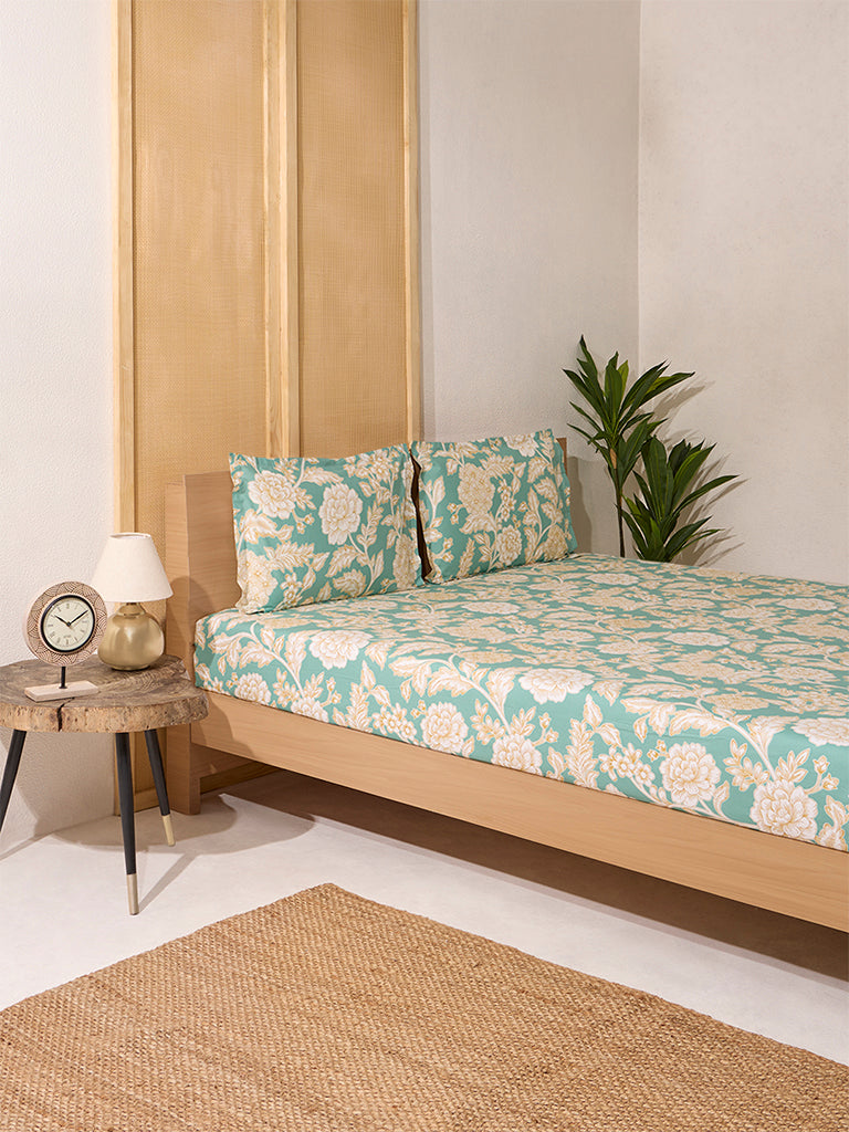 Westside Home Green Foliage Queen Bed Flat Sheet and Pillowcase Set