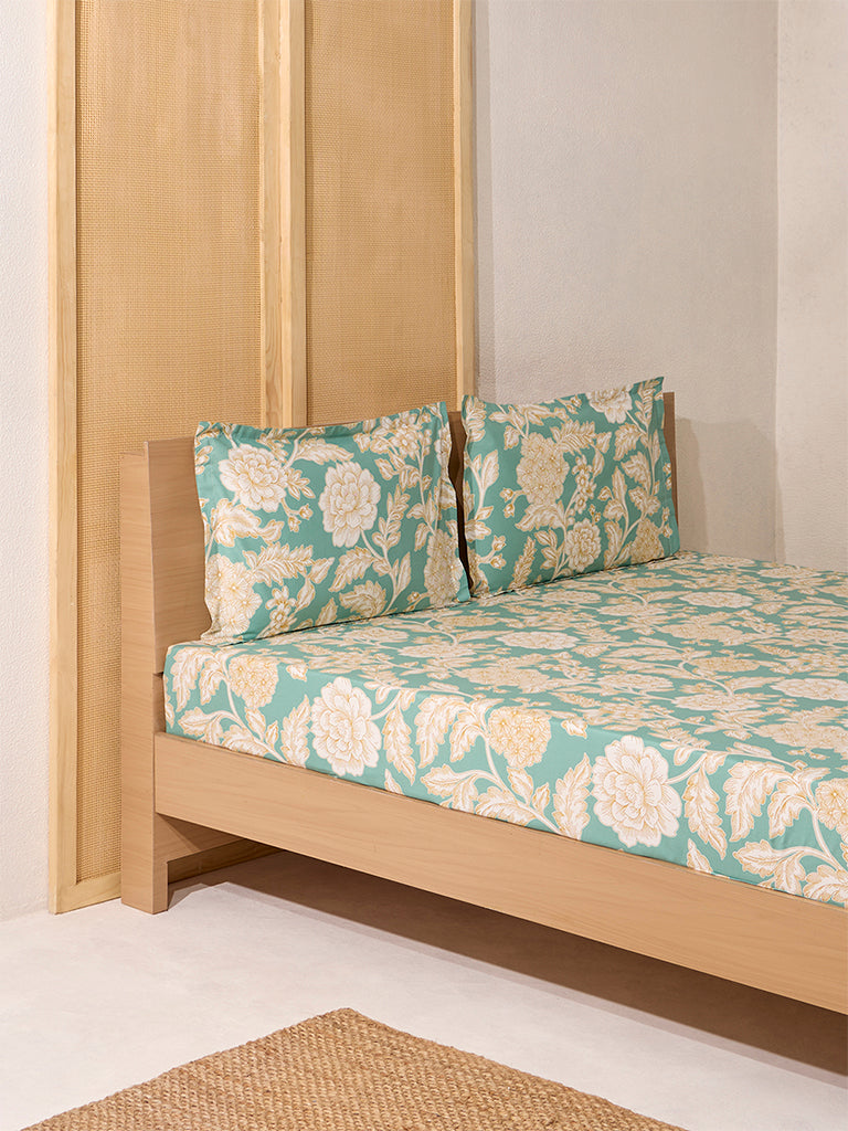 Westside Home Green Foliage Queen Bed Flat Sheet and Pillowcase Set