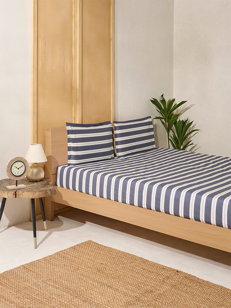 Westside Home Dark Grey Stripe Queen Bed Fitted Sheet and Pillowcase Set