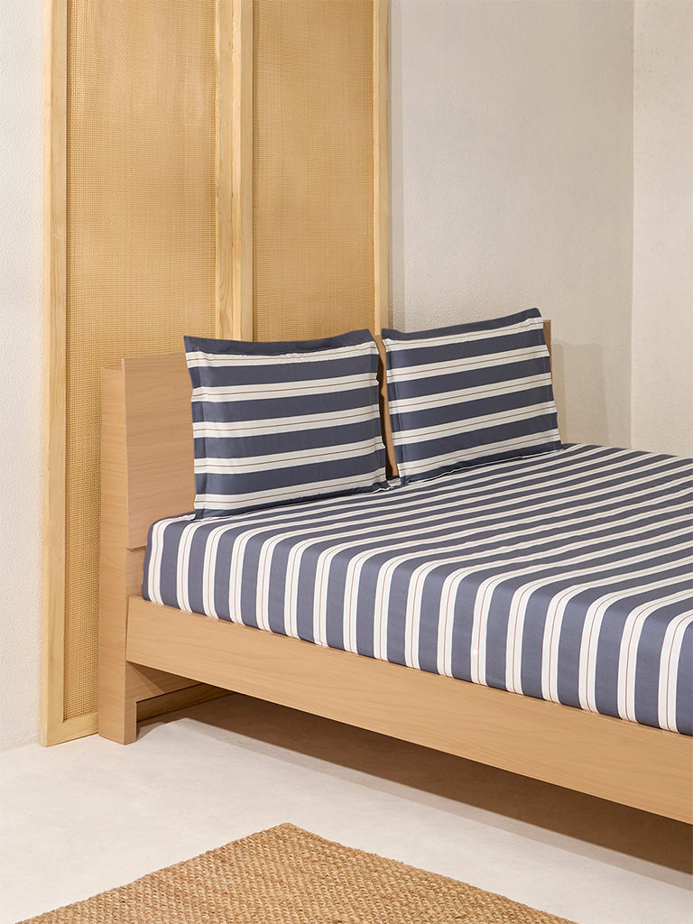 Westside Home Dark Grey Stripe Queen Bed Fitted Sheet and Pillowcase Set