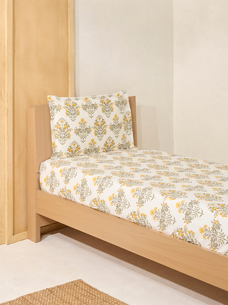 Westside Home Olive Floral Printed Single Bed Fitted Sheet and Pillowcase Set