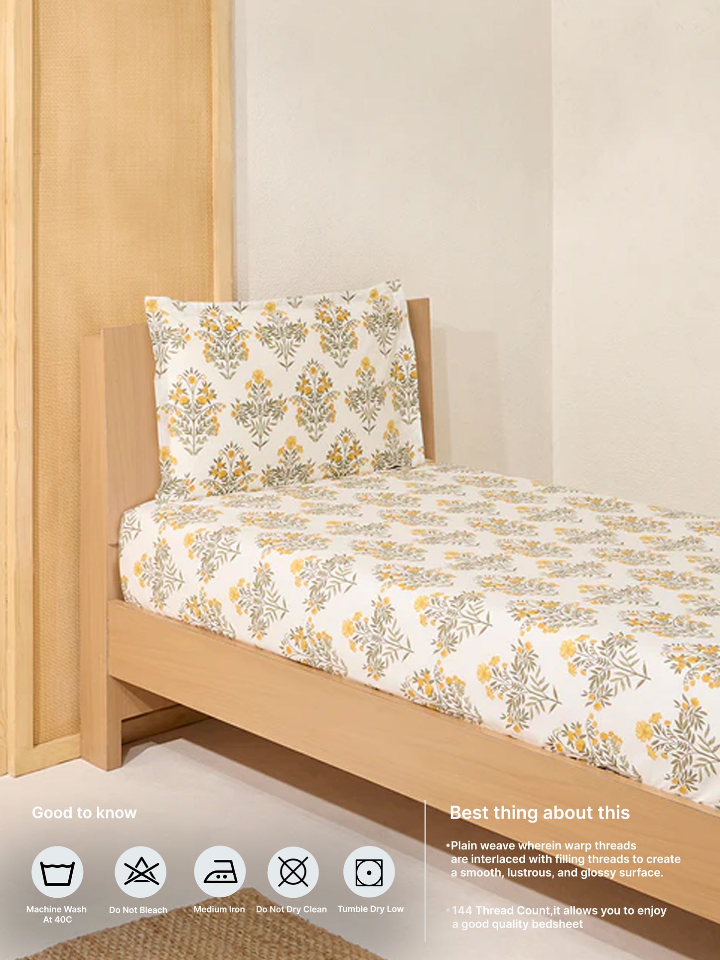 Westside Home Olive Floral Printed Single Bed Fitted Sheet and Pillowcase Set